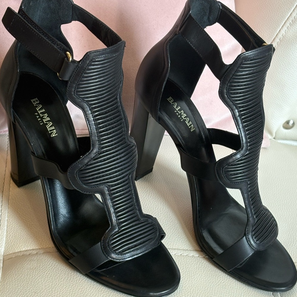 Balmain Black Leather Heels; Great Condition, Size 39. Comfortable & Cute!